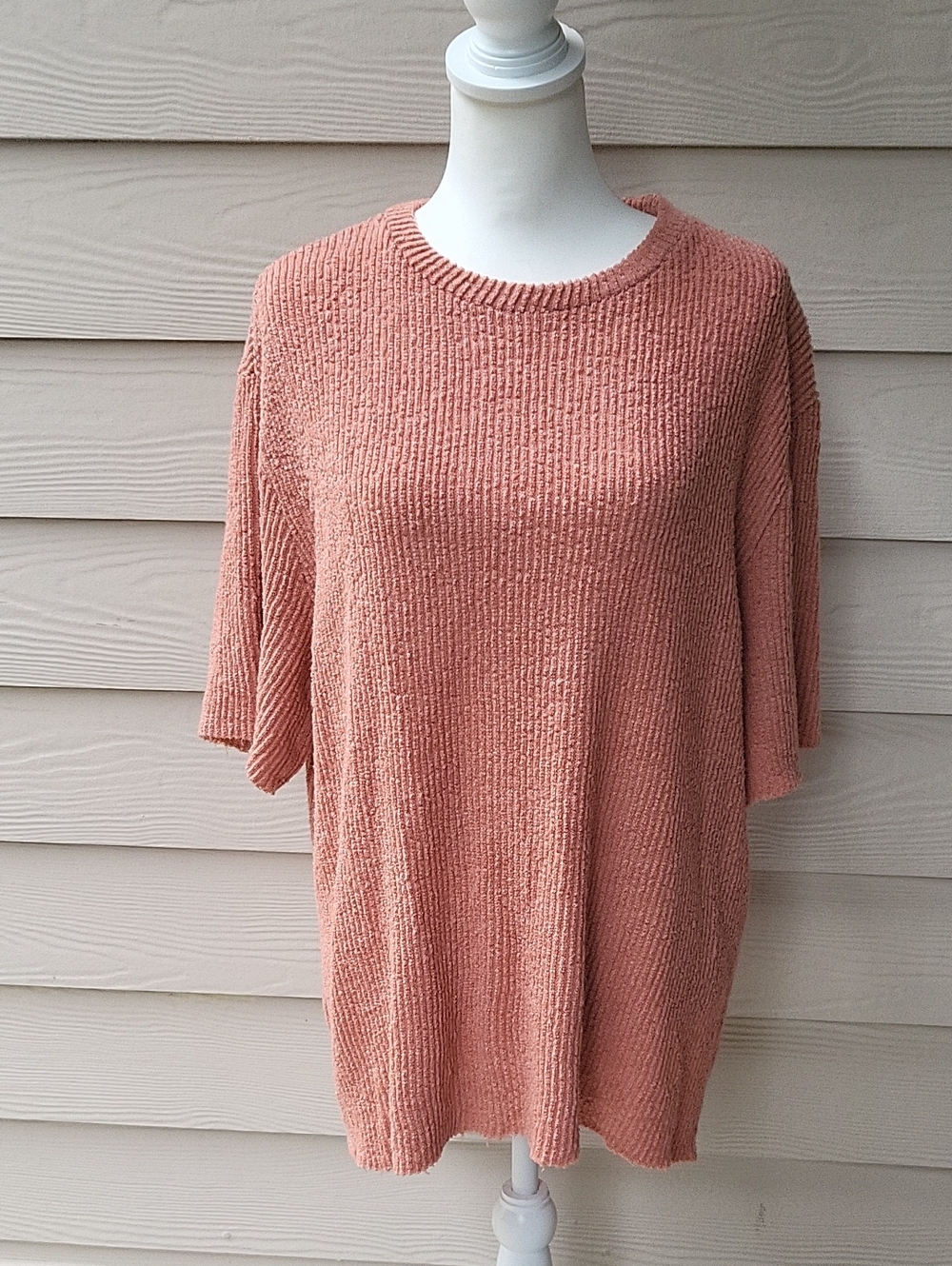 Zara Textured Knit Top Size Large Salmon Coral Ribbed Short Sleeve Sweater